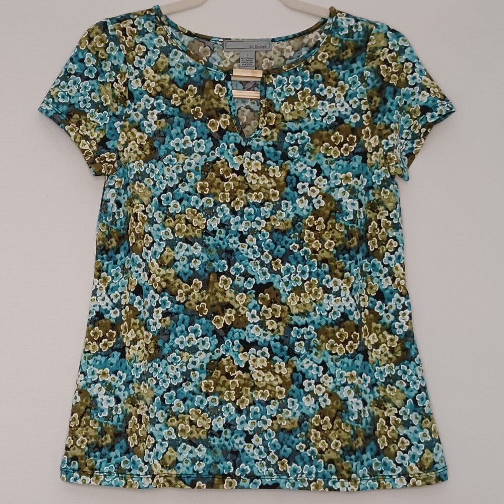 Women's By Design Blue Green Brown Flower Blouse‎ Size Small